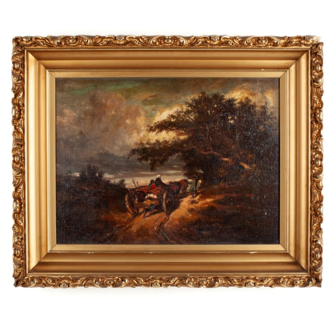 Antique After Jules Dupre "La Petite Charette" Oil: Antique After Jules Dupre "La Petite Charette" Oil on Canvas. A master copy of Dupre's Barbizon artwork depicting an ox cart. Canvas appears to be unsigned. Canvas measures 15.25x20.25", in antique el