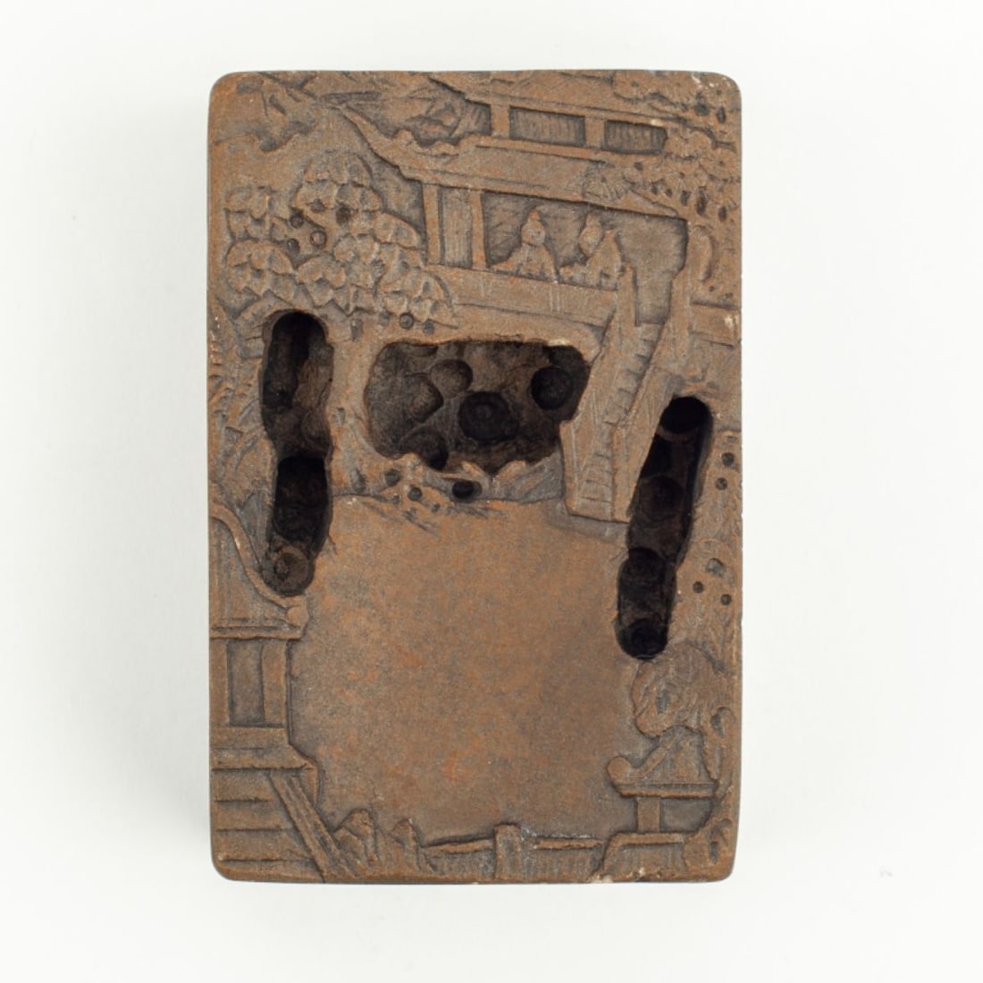 Chinese Scholar's Pavilion Inkstone: Chinese Scholar's Pavilion Inkstone. Carved tall inkstone with two scholars drinking tea within a pavilion overlooking river below. Sides and reverse carved with scenes of scholars enjoying landscapes
