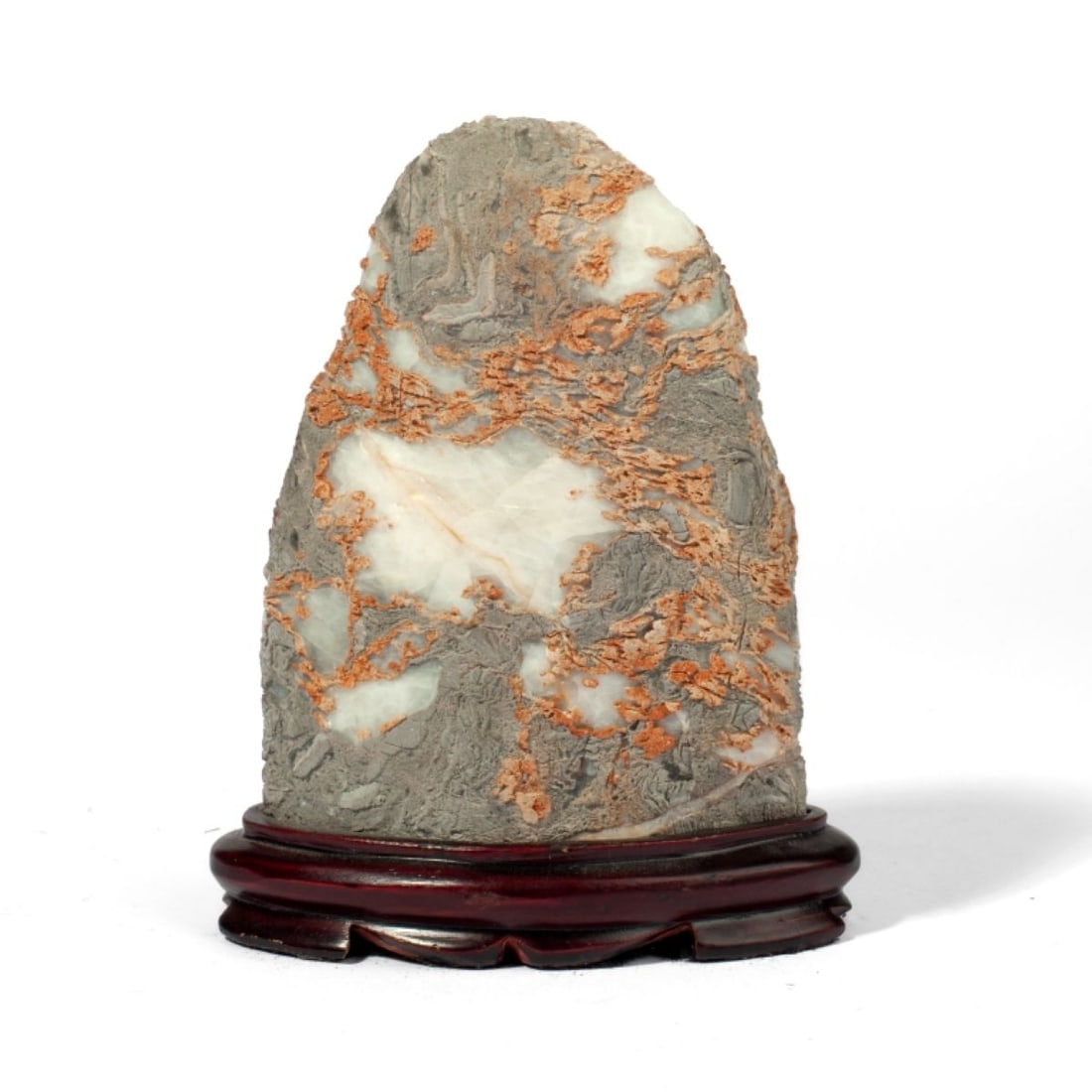 Chinese White Lingbi Stone Scholar's Rock: Chinese White Lingbi Stone Scholar's Rock. Crystalline white stone with grey and beige concretions on surface. Custom wood stand. In very good condition. Measures 4.5" x 1.5" x 6.5" overall with stand
