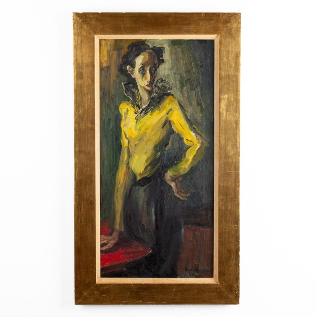 Arnold Hoffmann Portrait of Woman in Yellow Oil: Arnold Hoffmann (1886-1966 New York / Russia) Portrait of Woman in Yellow Oil on Canvas. Signed lower right, appears to be dated 1951. Canvas measures 31x15", perior gold leaf gilt frame with overall