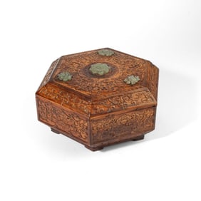 Antique Chinese Carved Rosewood Hexagonal Box