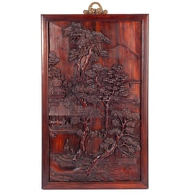 Chinese Landscape Carved Hongmu Rosewood Panel