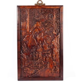 Chinese Landscape Carved Hongmu Rosewood Panel