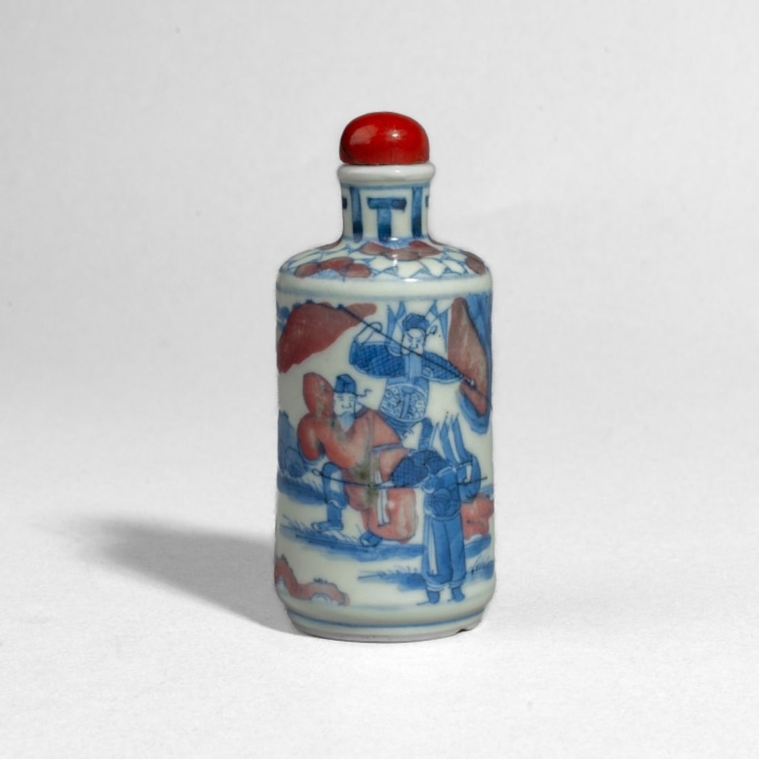 Chinese Copper Red & Blue Yongzheng Mark Snuff Bottle: Chinese Copper Red & Blue Yongzheng Mark Snuff Bottle. Finely hand-painted with warriors readying for battle, possibly an allusion to the famous Chinese classical text "Romance of the Three Kingdoms".