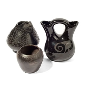 3 Native American Blackware Pottery Vases