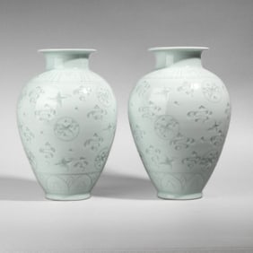 Pair Korean Joseon Style Incised Crane Vases