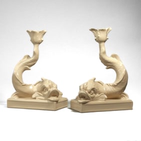 Pair Wedgwood Drabware Dolphin Candlesticks