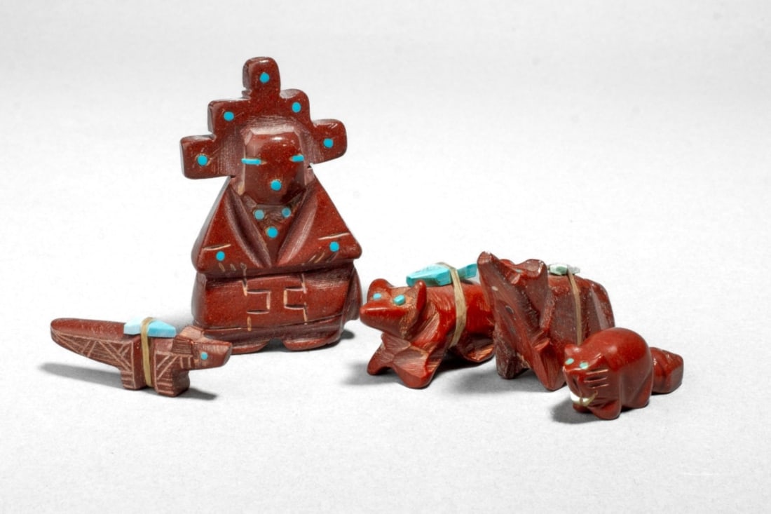 5 Zuni Pipestone Fetishes: 5 Zuni Pipestone Fetishes. (1): A corn maiden figure with tall headdress and turquoise highlights, eyes and mouth. Signed at base. In very good condition. Measures 2.25" tall; 1.25" across approx. (2)