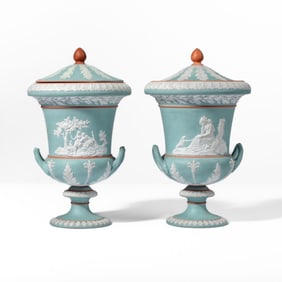 Pair Wedgwood Painted Terracotta Lidded Urns