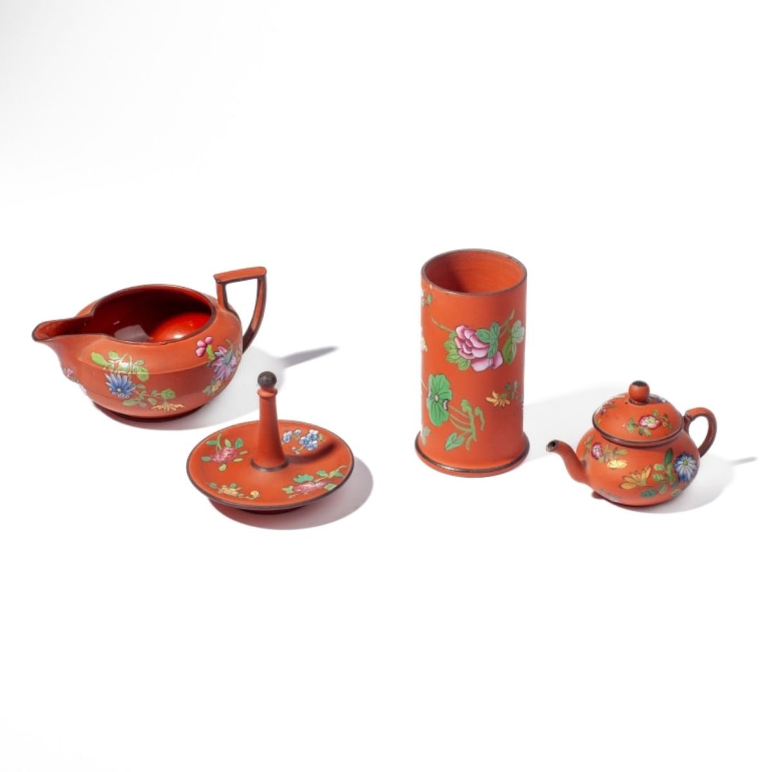 Wedgwood Rosso Antico Capriware / Mini Teapot: Collection of 4 pieces of 19th century Wedgwood Rosso Antico Terracotta Capriware pieces. (1) Miniature teapot with impressed WEDGWOOD and Z marks. Good condition; tiny flea bite nicks to spout tip, p