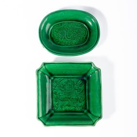 2 Qing Chinese Dragon Green Glaze Dishes