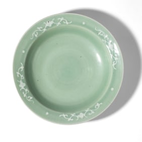 Chinese Qing Celadon White Slip Floral Dish 11.5"