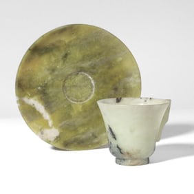 Chinese Carved Spinach / Mottled Jade Archaic Cup