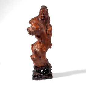 Chinese Carved Burlwood Immortal & Stand