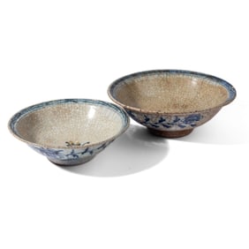 2 Large Chinese Blue & White Crackleware Bowls