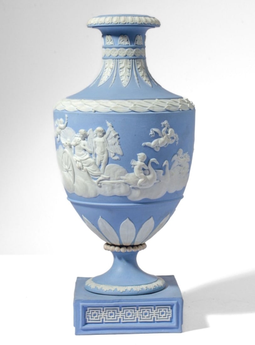 Wedgwood Pale Blue Jasperware Inscribed Vase: Wedgwood Pale Blue Jasperware Inscribed Vase. Circa 1916. Appliedn figures of Venus in chariot with swans and putti among clouds, the reverse with scene of putti watering swans and tending to the seas