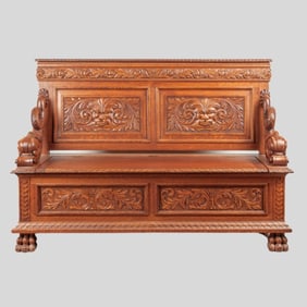Antique Golden Oak Hall Dolphin Arm Bench