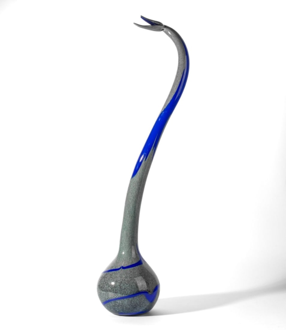 Ulrica Hydman-Vallien "Snake Flower" Art Glass: Ulrica Hydman-Vallien (1938-2018 Sweden) "Snake Flower" Art Glass Sculpture, 2003. Created while in residency at the Museum of Glass in Tacoma, WA. Unsigned. Mottled grey and cobalt blue over silver m