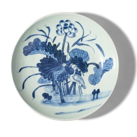 Japanese Blue & White Porcelain Crane & Lotus Dish