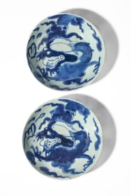 2 Japanese Blue & White Dragon Dishes