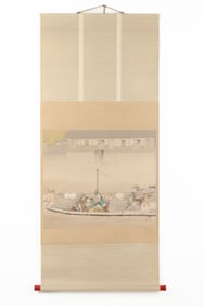 Japanese Ferry Boat Hanging Scroll on Silk