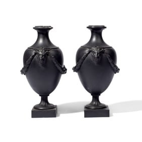 Pair Wedgwood & Bentley Black Basalt Urns