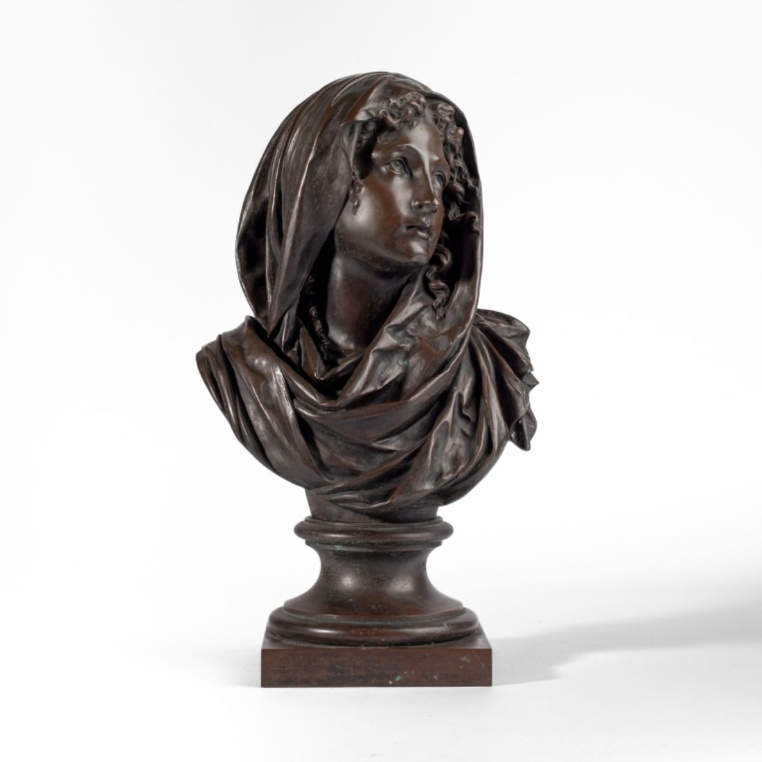 Albert Carrier Belluse "Young Woman with a Shawl": Albert Carrier Belluse (French 1824-1887) "Young Woman with a Shawl" Bronze Sculpture. Signed in casting at rear of bust. Measures 17" tall, 10" wide, and approx 7" deep. 2 part construction with bust