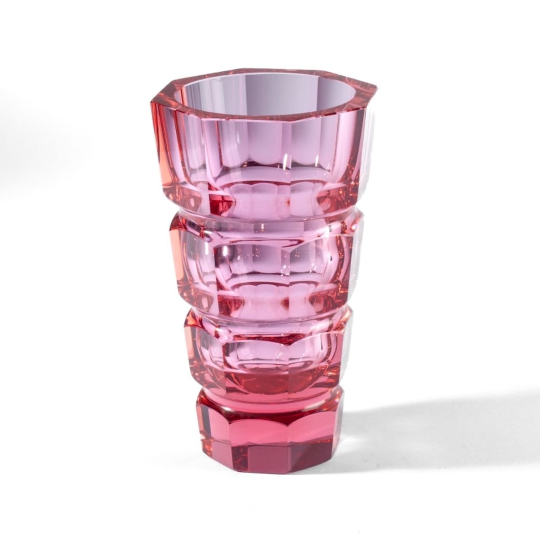 Kusak Josef Hoffman "Prism" Cranberry Glass Vase: Josef Hoffman "Prism" Cranberry Glass Tall Vase. Hand etched "Kusak" signature on base. Measures 8x4.5". Very good condition.