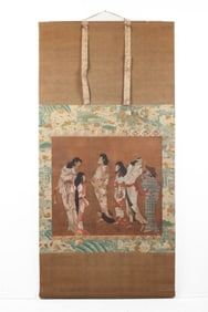 Japanese Yuna Women in Bathhouse Scroll Painting