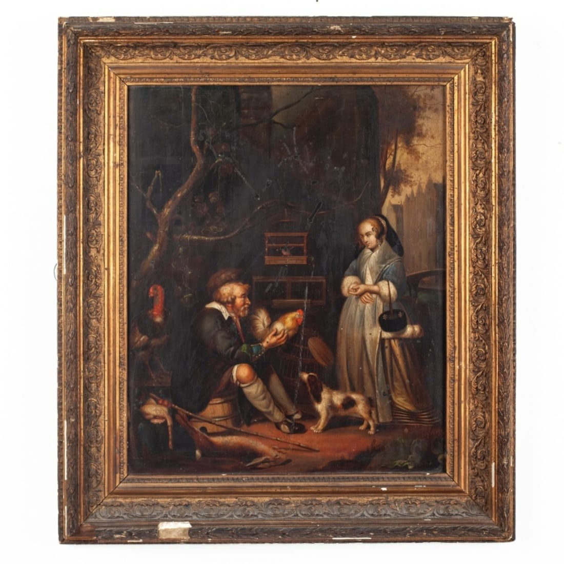 Antique Oil on Panel Painting After Gabriel Metsu: Oil on Panel After Gabriel Metsu. Late 19th century. Handpainted after "The Poultry Seller" by Gabriel Metsu (Dutch, 1629 - 1667); oil on panel. In Victorian gilt plaster frame. Needs cleaning. Some m