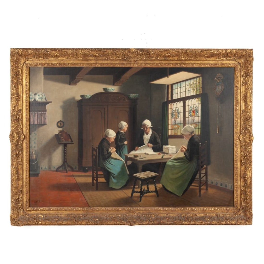 Painting After David Adolph Constant Artz: Antique oil on canvas copy painting of "In the Orphanage at Katwijk-Binnen" by David Adolph Constant Artz (1837-1890). Gilt plaster on wood frame. Canvas 27.5" x 40.25". Frame 34" x 46.25".