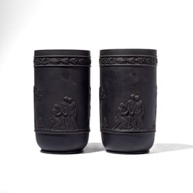 Pair Wedgwood Black Basalt Tall Spill Vases