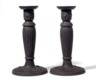 Pair Wedgwood Black Basalt Candlesticks