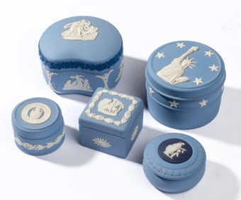 5 Wedgwood Blue Jasperware Boxes / Tricolor