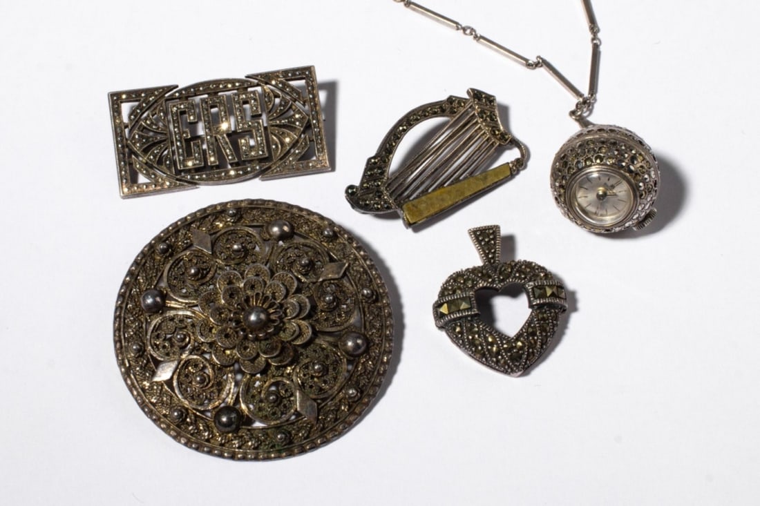 Vintage Marcasite Jewelry / Bucherer Watch Ciner: (1) Bucherer ball pendant watch on matching chain. Not running. Stem will move hands but does not wind. Some marcasite insets missing. 3/4" dia. approx. (2) Marked CINER STERLING 1004 initial monogram