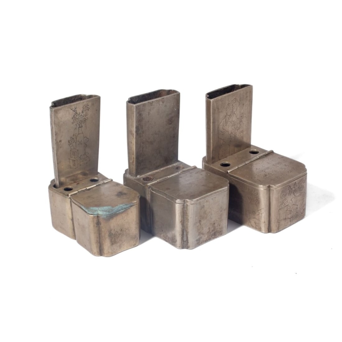 3 Chinese Baitong Inkwell / Opium Holders (1 of 6)