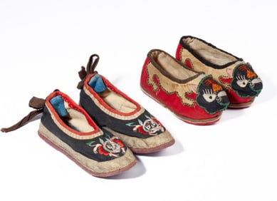 2 Pairs Chinese Woven & Embroidered Silk Shoes