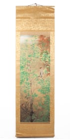 Japanese Bird & Eucalyptus Tree Scroll Painting