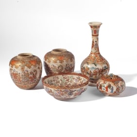 5 Antique Japanese Satsuma Jars / Vase / Bowl