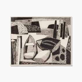 Wendell Brazeau (WA) "Boats and  Pilings" Pencil Drawing