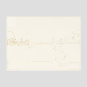 Gaylen Hansen (WA) "Kernal and Dog  Canoeing with Five Ducks" Drawing, circa 1970