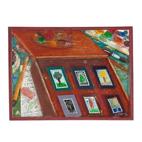 C.T. Chew (WA) "Stamp Box" Carved & Painted Wood Panel, 1989