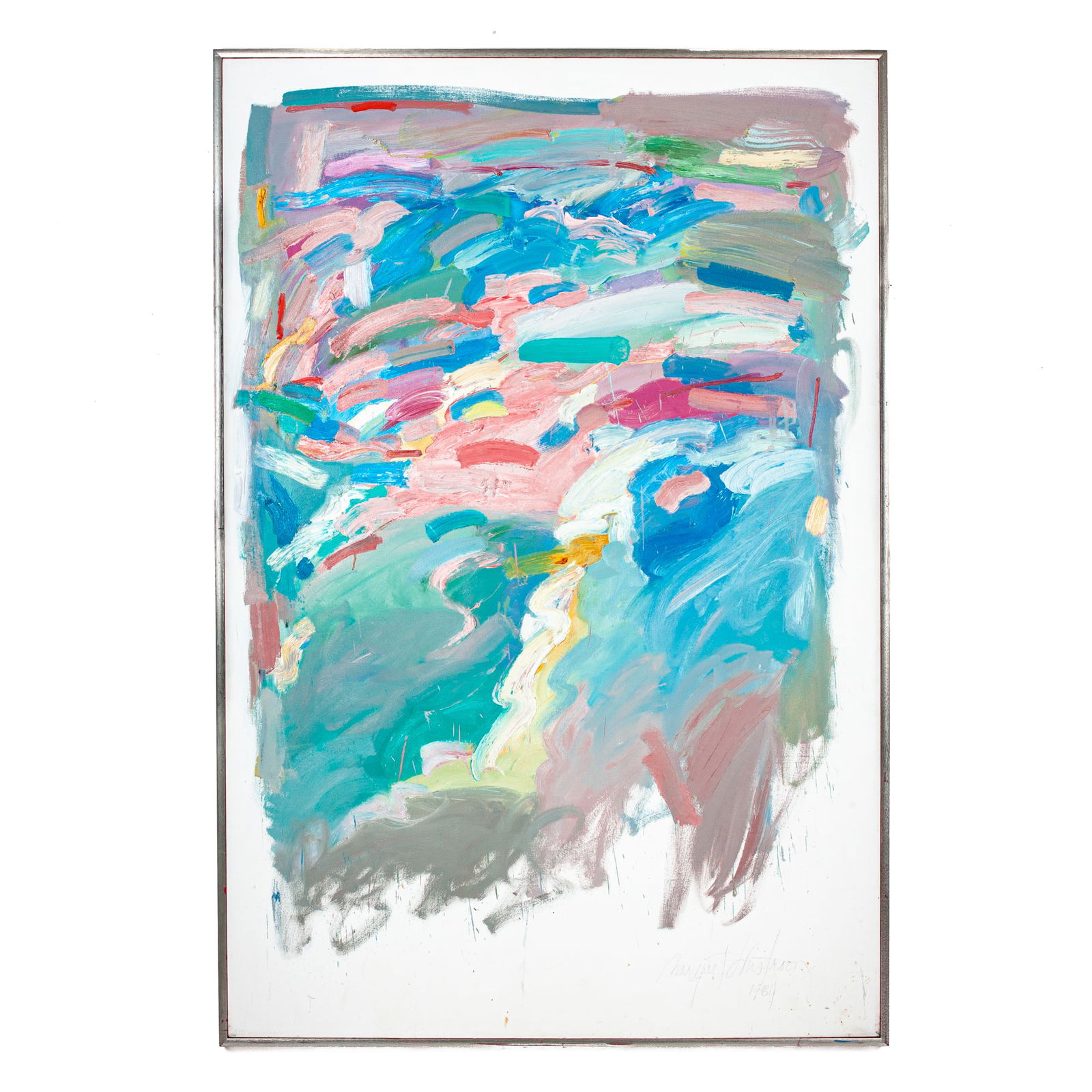 Margaret Evangeline "Rain Study" Oil & Acrylic on Canvas, 1984: Margaret Wirstrom Evangeline (b.1943 New York) "Rain Study" Oil and Acrylic on Canvas, 1984. Signed Margaret Wirstrom and dated lower right; Gallery 515 (Atlanta) label on verso. Canvas measures 72x48