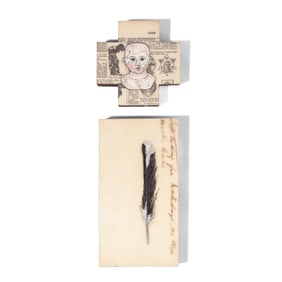 Kenna Moser (WA) "Relic #5 (diptych)" Encaustic, vintage text, and oil paint  on redwood Panel, 1993