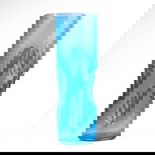 Jeff Ballard (OR) Large Art Glass Vase 2008: Modernist vase in pale blue glass with white to indents. Etched signature and 2008 date to bottom. Good condition. 16.5" H x 5.5" dia.