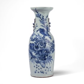 Large Chinese Blue & White Bird Flower Vase