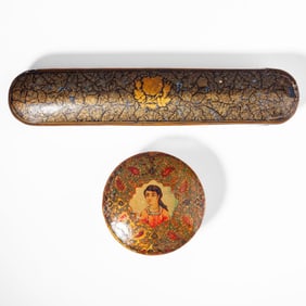 Antique Kashmiri Lacquered Boxes / Round & Pen