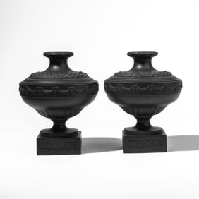Pair Wedgwood & Bentley Black Basalt Vases