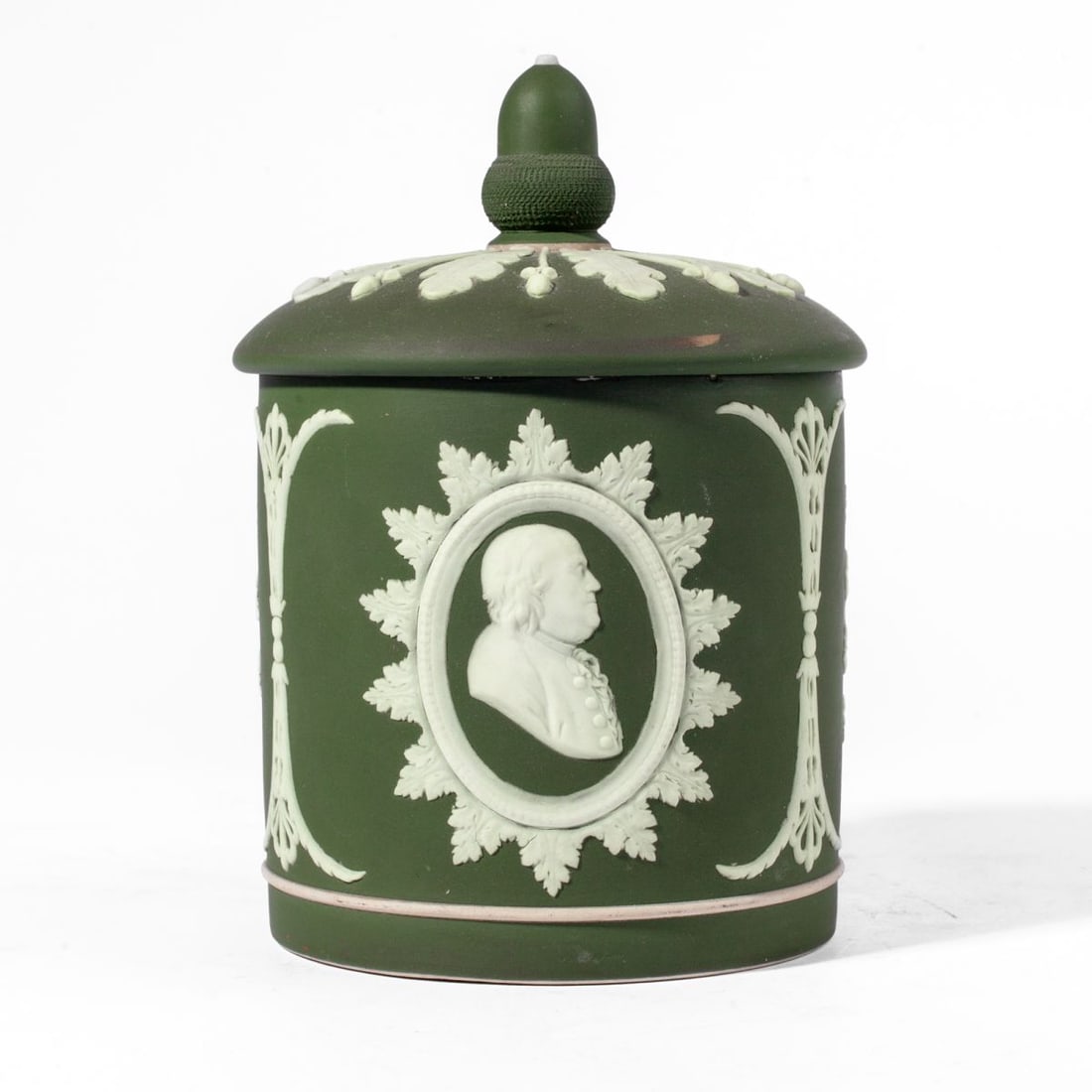 Wedgwood Jasper Washington / Founding Fathers Jar: Wedgwood late 19th / early 20th century "Founding Fathers" lidded jar with acorn finial and sprouting oak leaves and smaller acorns above George Washington, Ben Franklin and Marquis de Lafayette cameo