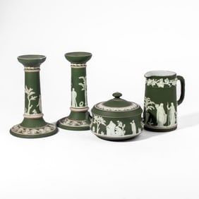 Wedgwood Green Jasper Tricolor Candlesticks / Bowl